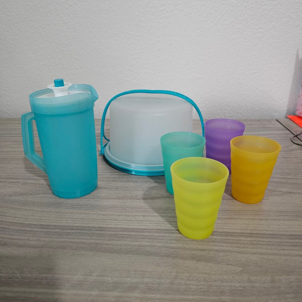 Tupperware Kids Play Set Blue Multi Color Round Pitcher Cake Carrier Tumbler Cup